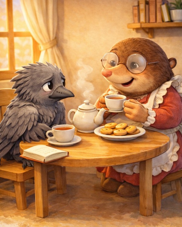 CORNACCHIA CHIARA E TEA TALPA SORSEGGIANO UN Tè E MANGIANO BISCOTI PARLANDO DEL CIRCO DELLA MEZZALUNA