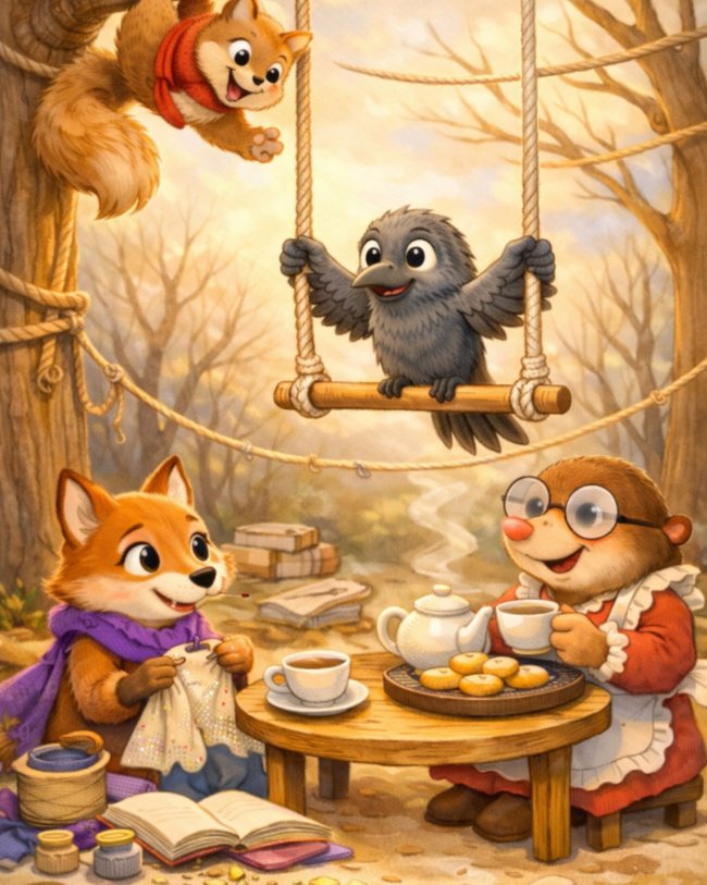 CORNACCHIA CHIARA SU UN TRAPEZIO IMPROVVISATO CON ARTURO SCOIATTOLO CHE LA ALLENA, TALPA TEA E IL SUO Tè E BISCOTTI, E VOLPE VIOLETTA CHE CUCE UN COSTUME PER L'ESIBIZIONE AL CIRCO DELLA MEZZALUNA