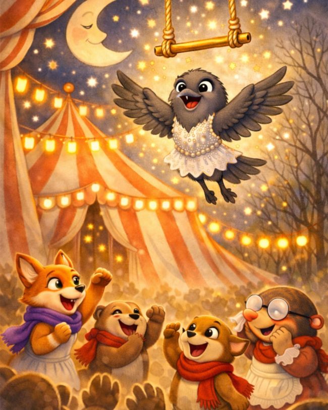 COPERTINA DE IL CIRCO DELLA MEZZALUNA CON CORNACCHIA CHIARA CHE VOLTEGGIA ALTRAPEZIO E GLI AMICI SOTTO CHE TIFANO PER LEI. SULLO SFONCO IL TENDONE A RIGHE ROSSE E BIANCHE E TANTISSIME LUCI