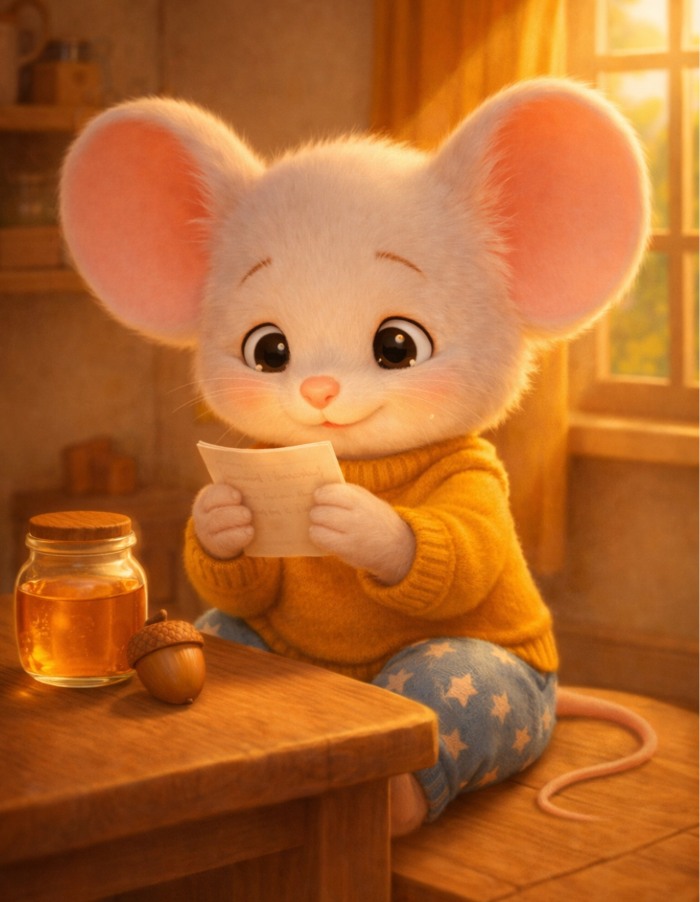 FILASTROCCA DELL'AMORE: tOPOLINO CON UN BIGLIETTO IN MANO MENTRE LEGGE. sUL TAVOLO MIELE E UNA GHIANDA. aMBIENTE MOLTO CALDO E LUMINOSO.