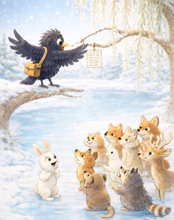 Cosimo merlo postino appende la lettera al ramo dell'albero gli amici del bosco guardano