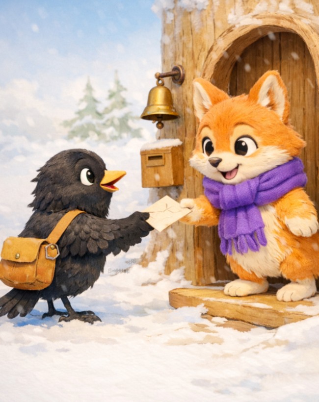 La lettera misteriosa - Cosimo il merlo nero con il becco giallo consegna la posta a volpe violetta con la sua sciarpa viola sulla porta della sua casa albero