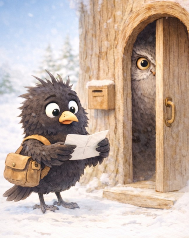 la lettera misteriosa: Cosimo il merlo postino con le penne dritte dal vecchio Gufo alla Grande quercia per chiedergli che cosa fare con la laettera misteriosa