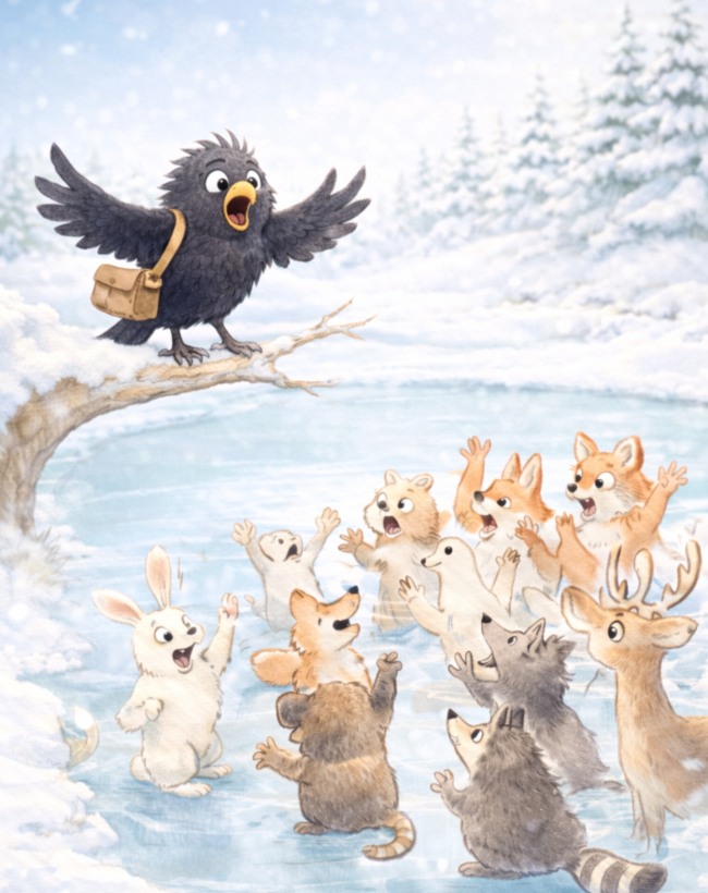 Cosimo merlo nero con il becco giallo postini del Bosco su un ramo che cerca di tenere tranquilli gli abitanti del bosco che credono che la lettera misteriosa sia stata inviata a loro