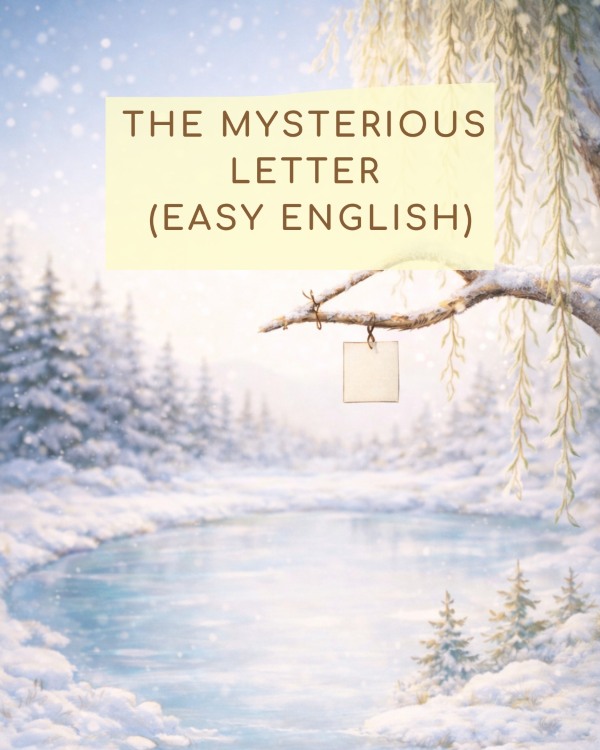 COPERTINA LA LETTERA MISTERIOSA EASY ENGLISH. LA LETTERA APPESA AD UN RAMO DELL'ALBERO ACCANTO AL LAGO GHIACCIATO