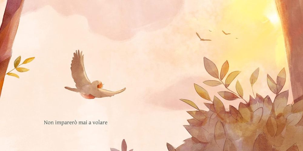 GRANDE CIELO CON UN UCCELLO CHE VOLA IN PRIMO PIANO E LA FRASE "NON IMPAREO' MAI A VOLARE"