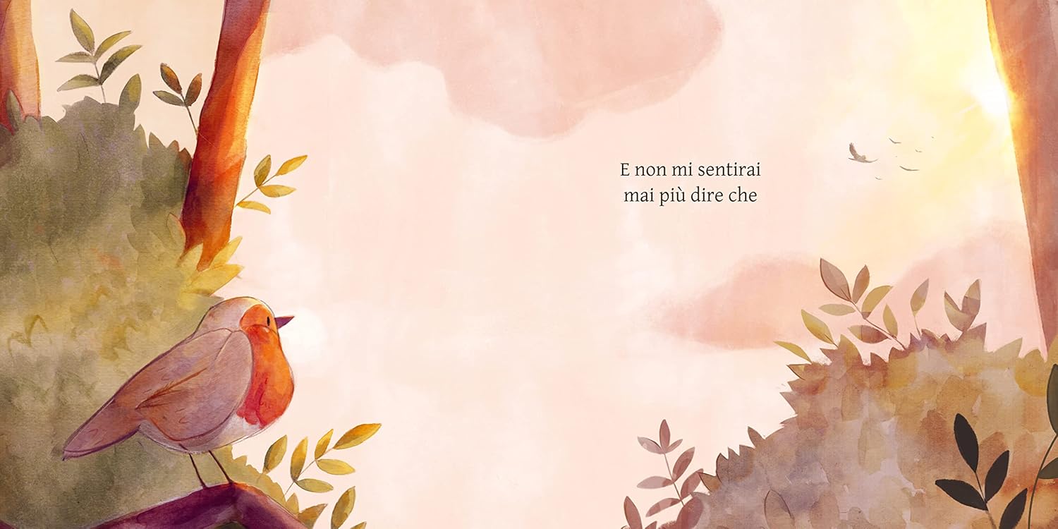 NON IMPARERO' MAI A VOLARE: IMMENSO CIELO ROSATO IN PRIMO PIANO UNA LABERO PINEO DI FOGLIE E UN PETTIROSSO APPOGGIATO SUL RAMO CHE GUARDA LONTANO.