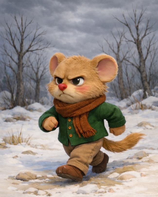 Una rabbia densa come la rabbia: Ghiro gino in giacca verde, pantaloni velluto beige e sciarpa marrone, marcia arrabbiato in mezzo alla neve con un'espressione infuriata. Il cielo plumbeo. Alberi spogli e sensazione di freddo.