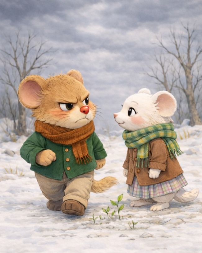 una rabbia densa come la cioccolata: Ghiro Gino incontra Ghiro rosa con la sciarpa colorata una giacchina marrone e una gonellina a quadretti colori pastello e un'espressione dolce . Sulllo sfondo il cielo grigio plumbeo, neve e alberi spogli. Sta per scoppiare un temporale.