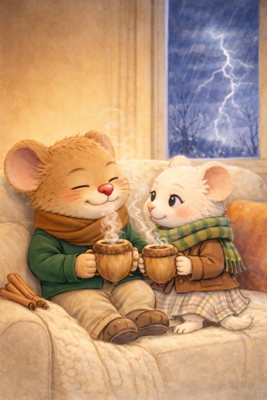 Una rabbia densa come la cioccolata: Ghiro Gino e ghiroRosa comodamente seduti sul divano che sorseggiano una densa cioccolata fumante. Sullo sfondo la finestra e furi il temporale che imperversa