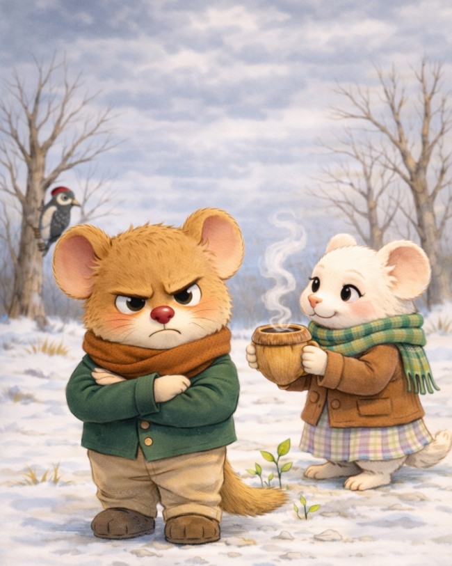 Copertina con Ghiro Gino nella sua giacchetta verde pantaloni beige e sciarpa marrone ed esprressione molto irritata. Leggermente più indietro Ghiro rosa con una tazza a frma di ghianda piena di cioccolata fumente. Sullo sfondo il cielo grigio, neve e alberi spogli.