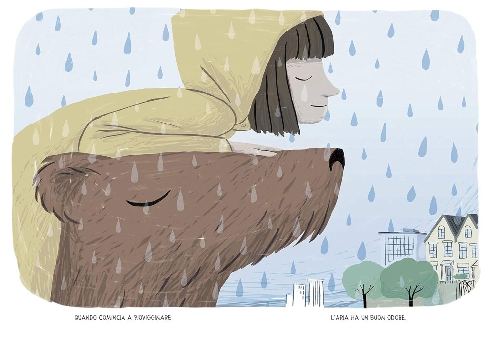 Alice e il bello della pioggia: alice sul muso di bubo che annusano il profumo della pioggia