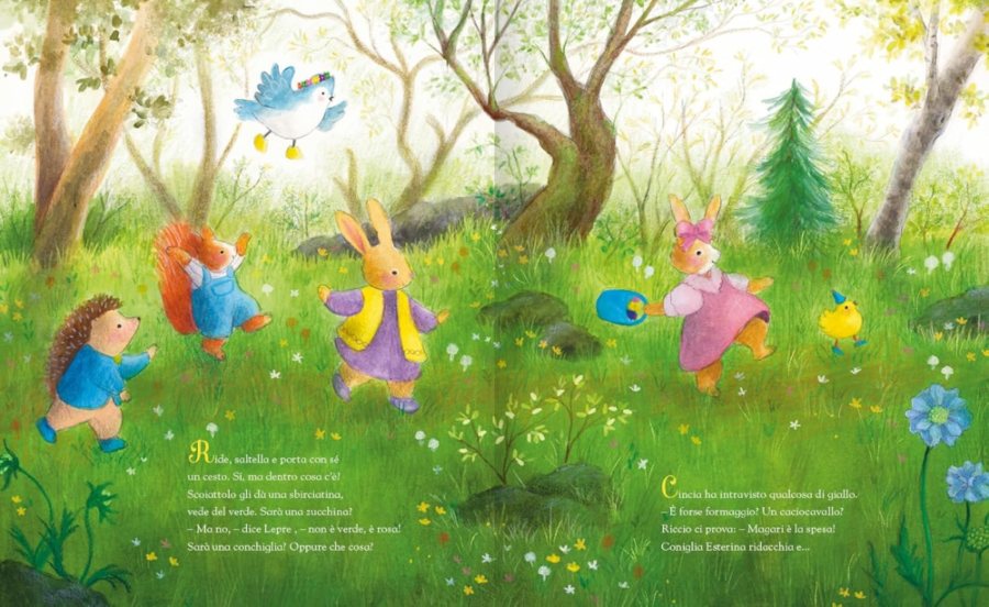 Caccia alle uova coniglietto cincia riccio e scoiattolo nel prato che cercano le uova pasquali