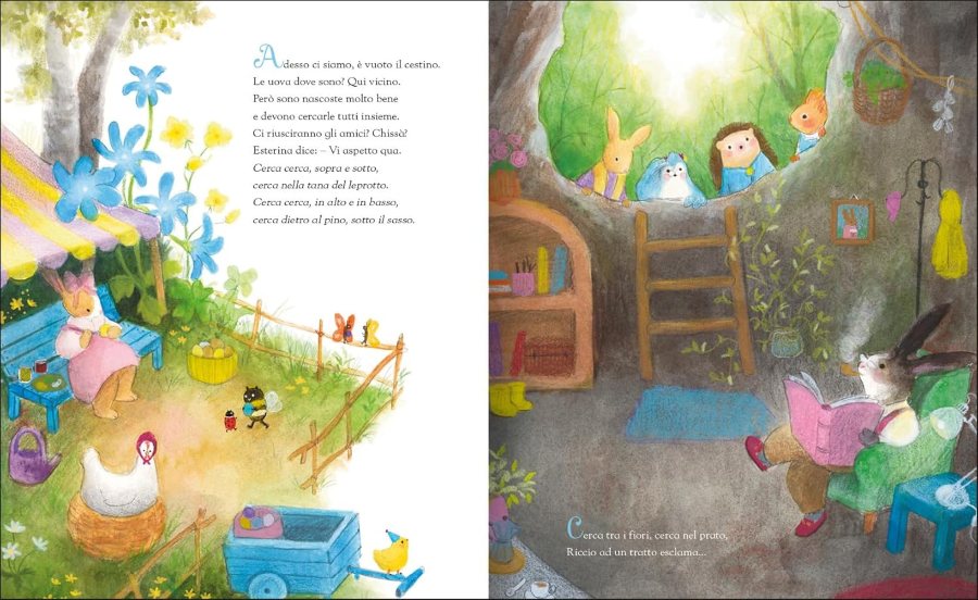 la caccia alle uova di scoiattolo cincia riccio e coniglietto continua in ogni luogo tronco per tronco, tana per tana