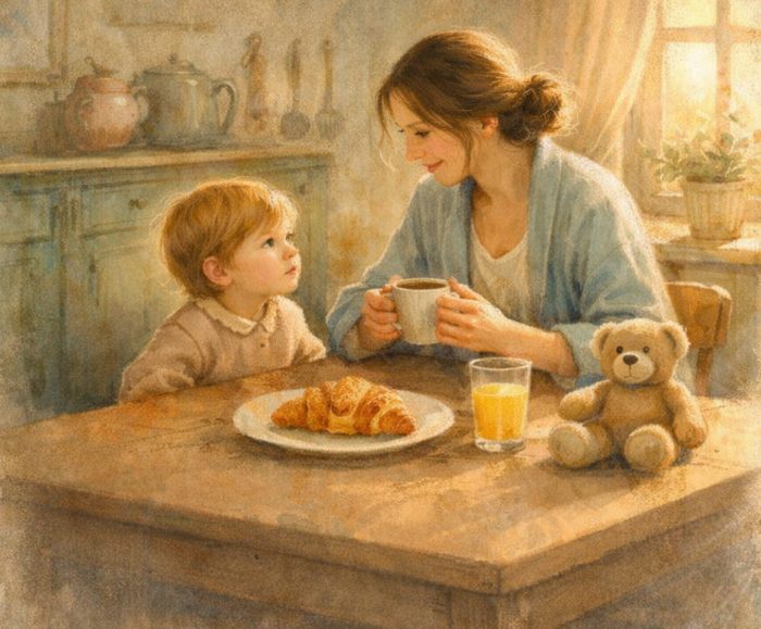 Illustrazione acquerello di una mamma e un bambino ad alto potenziale cognitivo in una cucina mattutina: il bambino la guarda con un'espressione intensa e curiosa, lei sorride sorpresa.