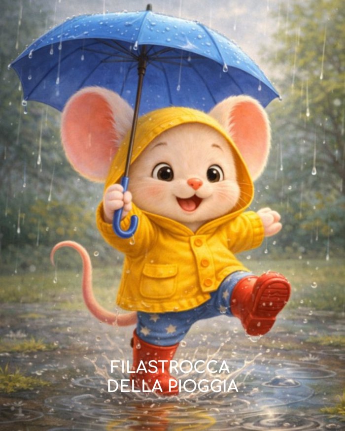 Topolino vestito con stivali colorati (rossi), mantellina gialla e ombrello blu. È in piedi vicino a una pozzanghera, pronto a saltarci dentro, con espressione gioiosa ed entusiasta. Intorno: pioggia che cade, pozzanghere per terra. Atmosfera allegra nonostante la pioggia. Colori vivaci degli indumenti che contrastano con il grigio della pioggia.
