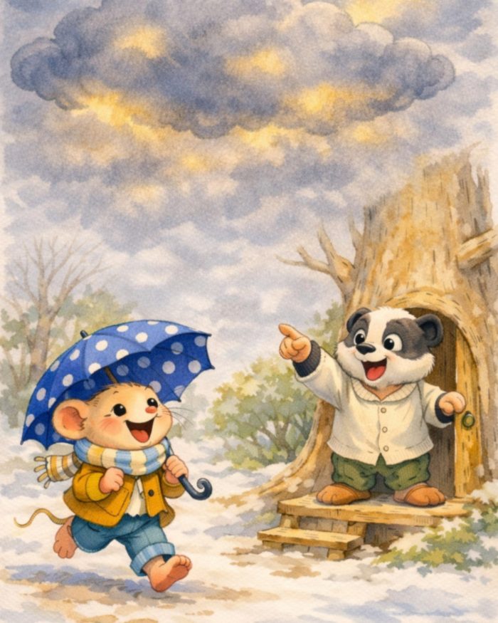 cosa succede quando piove? Topo Lino in giacchetta gialla e ombrello blu a pois bianchi arriva correndo da Tasso Taddeo che lo aspetta sulla porta di casa in veste da casa. Nel cielo una grande nuvola grigia minacciosa