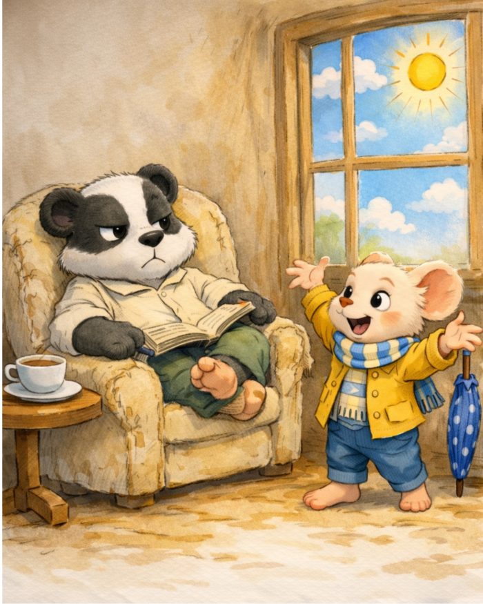 Cosa succede quando piove? Tasso Taddeo vestito da casa in poltrona con il suo tè e un libro da leggere e Topo Lino in piedi davanti a lui che cerca di convincerlo ad uscire sullo sfondo una grande finestra con un bel cielo azzurro e un grande sole.
