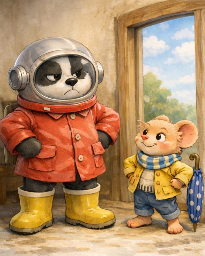 COSA SUCCEDE QUANDO PIOVE? TASSO TADDEO HA MESSO L'IMPERMEABILE ROSSO GLI STIVALI DA PIOGGIA GIALLI E ... IL CASCO DA ASTRONAUTA! e' PRONTO PER USCIRE.