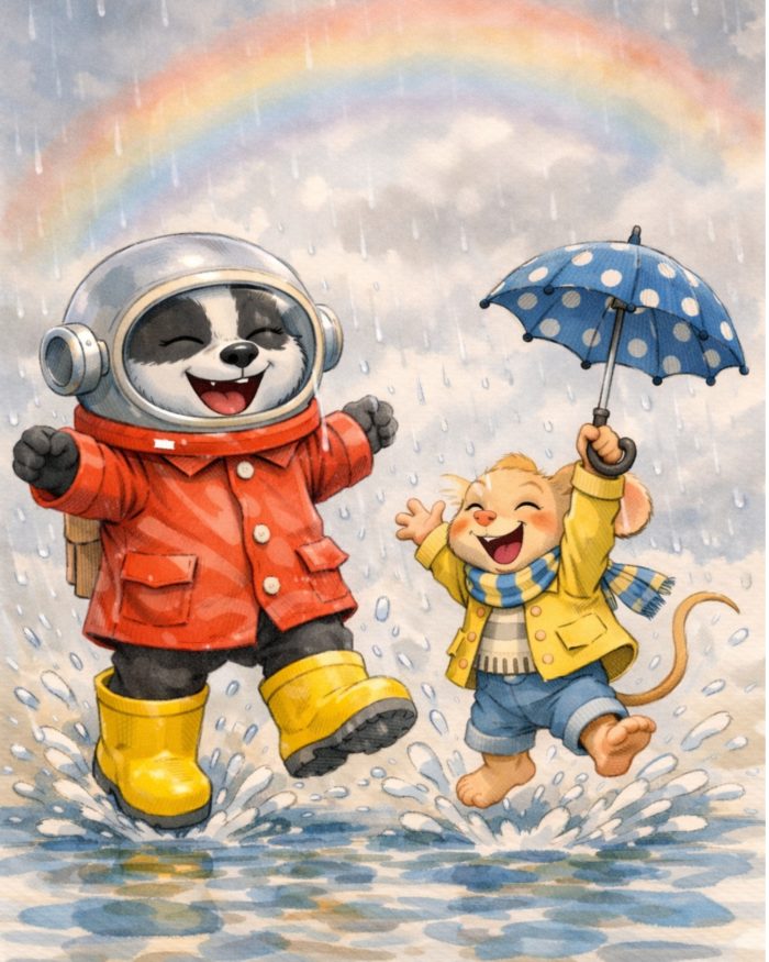 TASSO TADDEO CON L'IMPERMEABILE ROSSO, GLI STIVALI GIALLI E IL CASCO DA ASTRONAUTA E TOPO LINO CON IL SUO OMBRELLO BLU A POIS APERTO CHE GIOCANO SALTANDO NELLE POZZANGHERE