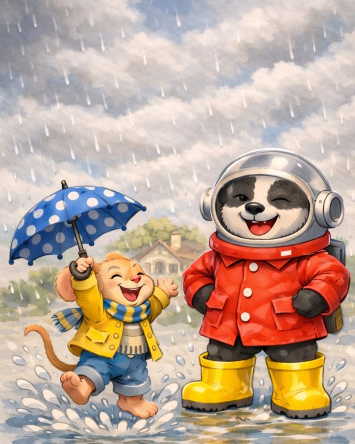 TASSO TADDEO CON L'IMPERMEABILE ROSSO, GLI STIVALI GIALLI E IL CASCO DA ASTRONAUTA E TOPO LINO CON IL SUO OMBRELLO BLU A POIS APERTO CHE GIOCANO SALTANDO NELLE POZZANGHERE