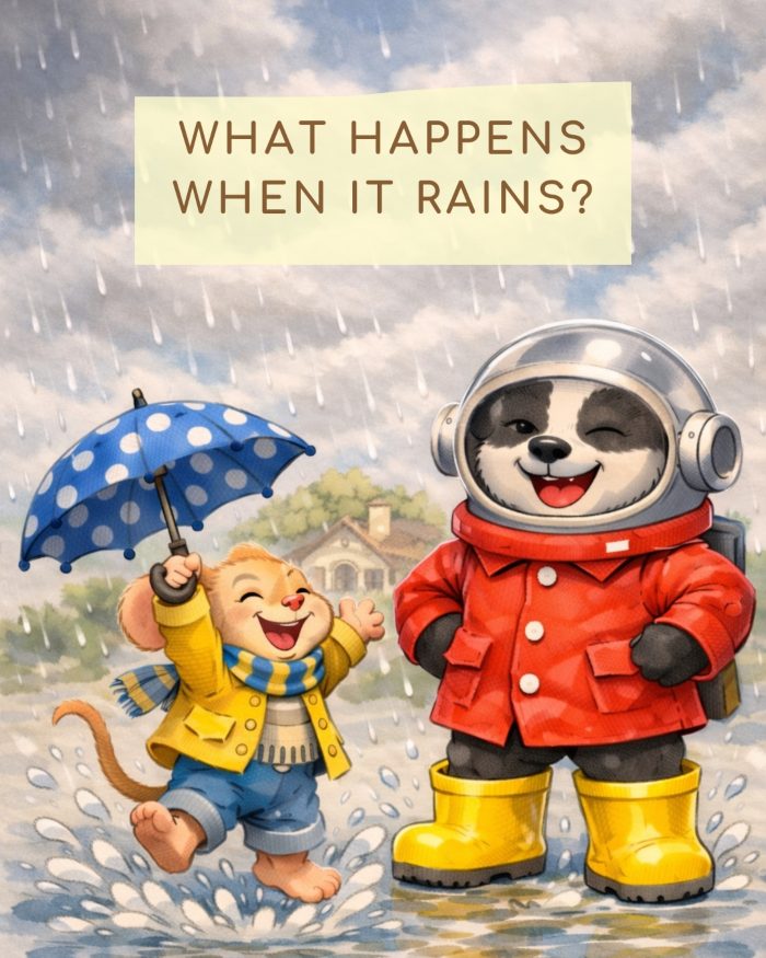 TASSO TADDEO CON L'IMPERMEABILE ROSSO, GLI STIVALI GIALLI E IL CASCO DA ASTRONAUTA E TOPO LINO CON IL SUO OMBRELLO BLU A POIS APERTO CHE GIOCANO SALTANDO NELLE POZZANGHERE