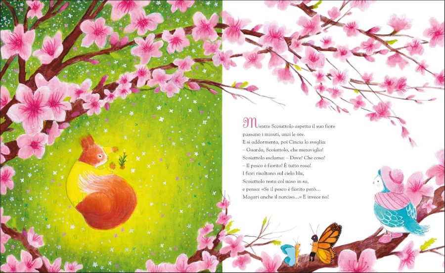 E' primavera, scoiattolo: Scoiattolo addormentato nel prato verde che attende che il suo narciso sbocci. E' circondato da rami di fiori di pesco rosa su un ramo Cincia lo sveglia per dirgli che il narciso è finalmente sbocciato