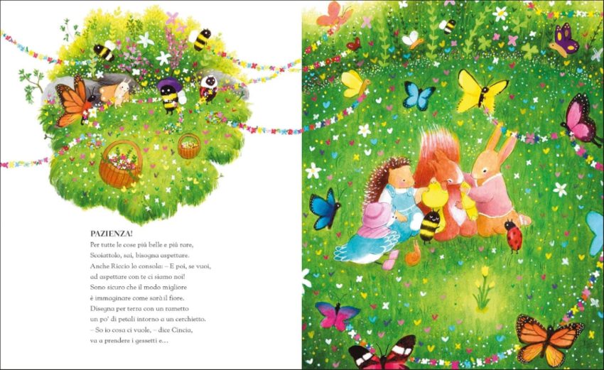 E' primavera, scoiattolo: Scoiattolo con i suoi amici Cincia, coniglietto e riccio che lo consolano e gli spiegano la pazienza. il prato è verde pieno di fiori, farfalle e piccoli insetti colorati