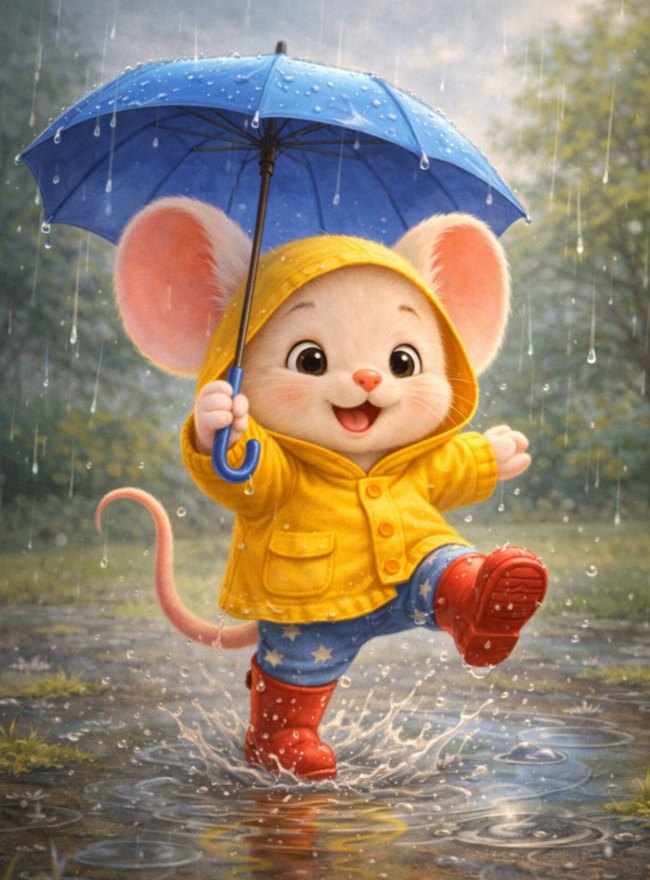 Topolino vestito con stivali colorati (rossi), mantellina gialla e ombrello blu. È in piedi vicino a una pozzanghera, pronto a saltarci dentro, con espressione gioiosa ed entusiasta. Intorno: pioggia che cade, pozzanghere per terra. Atmosfera allegra nonostante la pioggia. Colori vivaci degli indumenti che contrastano con il grigio della pioggia.