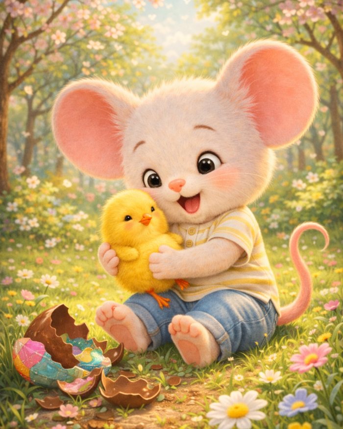 filastrocca di pasqua: topolino con la sua maglietta a righe gialle e i jeans seduto nel prato ha trovato un pulcino dentro il suo uovo di pasqua e lo stringe a sè