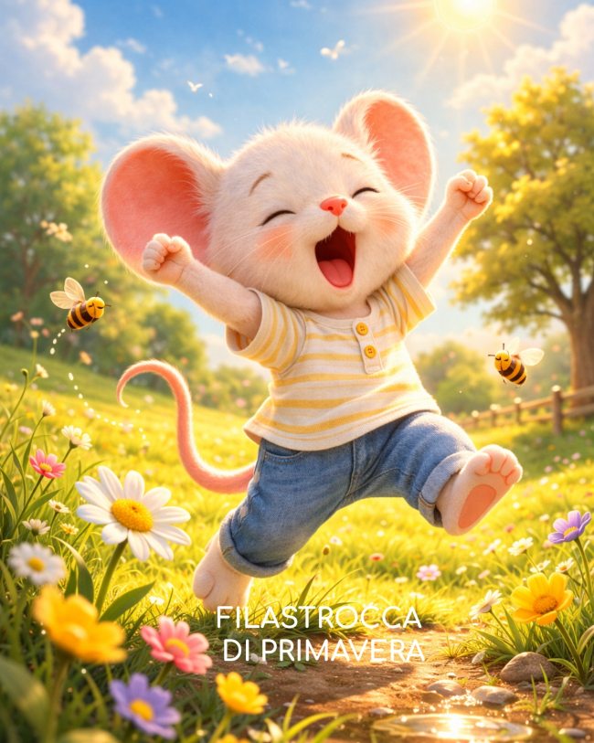 filastrocca di primavera : topolino salta e si stira in un prato pieno di fiori con la sua maglietta a righe bianche e gialle e i jeans azzurri