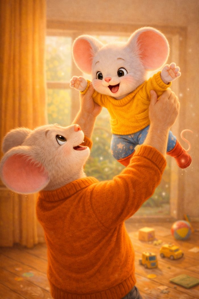 filastrocca per il papà. Topolino vola felice fra le braccia del suo papà. Dalla finestra entra una luce calda e e piena di allegria. Sul pavimento di legno chiaro tanti giocatolli sparsi. Il papà indossa un bel maglione arancione caldo. Topolino ha un maglioncino giallo, un paio di pantaloncini azzurre con le stelline e un paio di calzini di un bel rosso