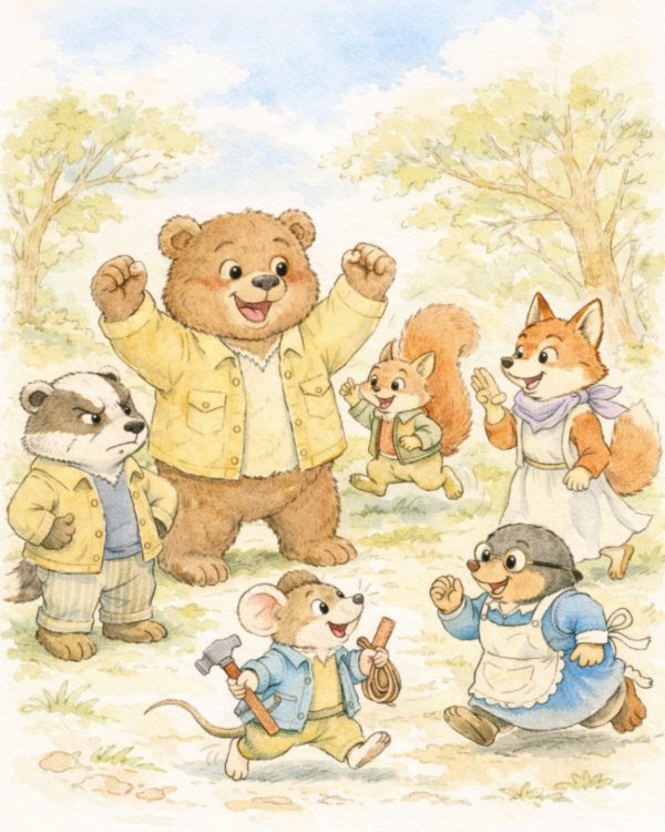 ORSO ORLANDO, TASSO TADDEO SCOIATTOLO ARTURO TOPO LINO VOLPE VIOLETTA ESULTANO PER IL RITORNO DI OCA BIANCA. SULLO SFONDO IL BOSCO A PRIMAVERA