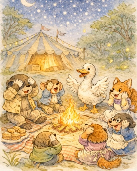 IL RITORNO DI OCA BIANCA: E' SERA TUTTI GLI ANIMALI SONO RACCOLTI INTORNO AL FUOCO E OCA BIANCA GESTICOLANDO RACCONTA STORIE INCREDIBILI