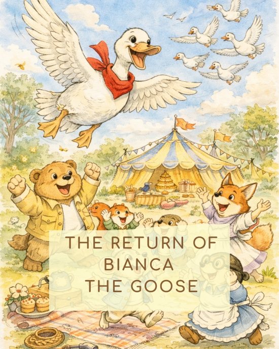 COPERTINA DELLA STORIA "IL RITORNO DI OCA BIANCA" IN VERSIONE INGLESE "tHE RETURN OF BIANCA THE GOOSE"