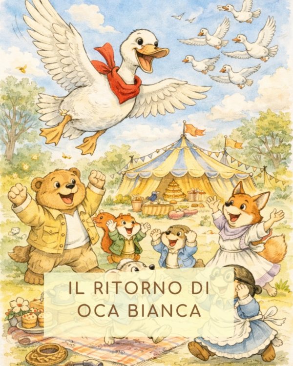 e' primavera: il ritorno di Oca Bianca : Orso orlando, volpe violetta  topo lino, tasso taddeo e scoiattolo arturo festeggiano il ritorno di oca bianca nel bosco tutto verde e pieno di fiori. sullo sfondo il tendone a righe bianche e azzurre che hanno allestito per i festeggiamenti