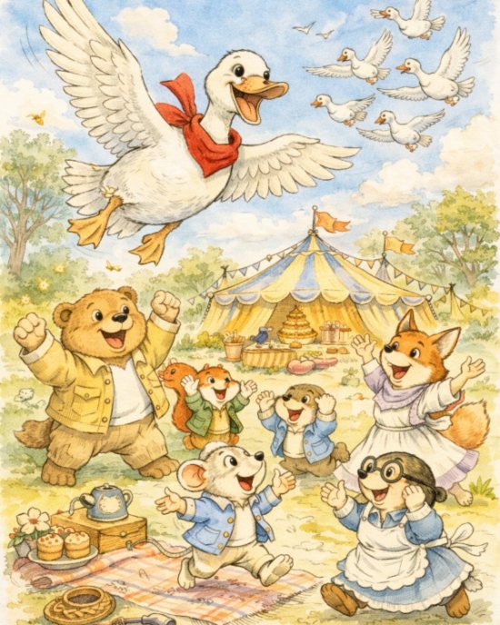 e' primavera: il ritorno di Oca Bianca : Orso orlando, volpe violetta topo lino, tasso taddeo e scoiattolo arturo festeggiano il ritorno di oca bianca nel bosco tutto verde e pieno di fiori. sullo sfondo il tendone a righe bianche e azzurre che hanno allestito per i festeggiamenti