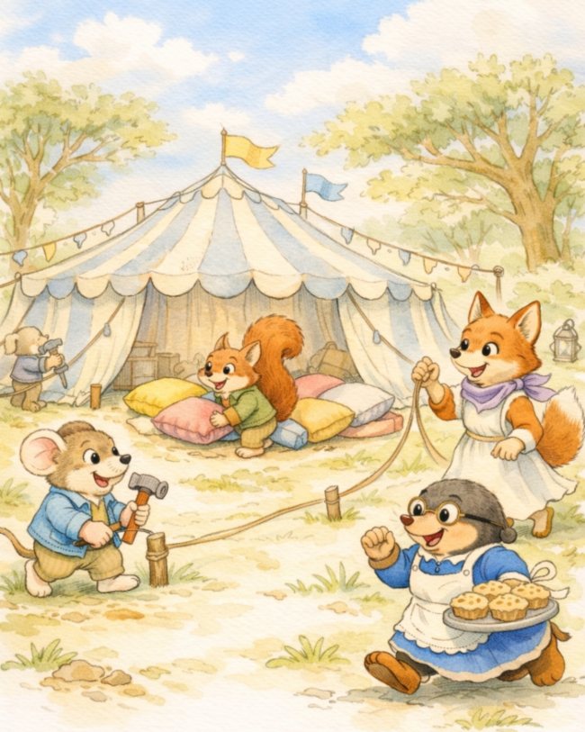 IL RITORNO DI OCA BIANCA: TALPA TEA, TOPO LINO, VOLPE VIOLETTA E SCOIATTOLO ARTURO SON IMPEGNATI A PREPARARE LA FESTA PER IL RITORNO DI oCA bIANCA. nEL BOSCO SULLO SFONDO IL GRANDE TENDONE A RIGHE BIANCHE E AZZURRE.