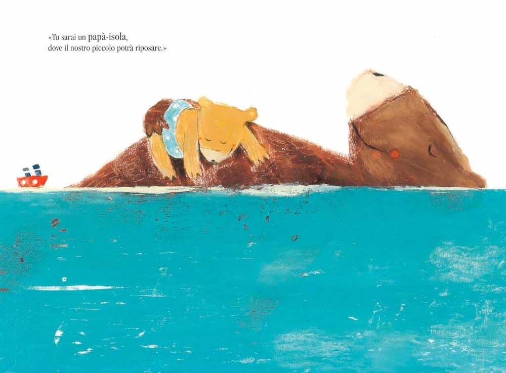 PAPà ISOLA: L'ORSO GIGI SDRAIATO SULLA SCHIENA CHE GALLEGGIA NEL MARE CON IL SUO CUCCIOLO MORBIDAMENTE ADAGIATO SULLA PANCIA AL SICURO