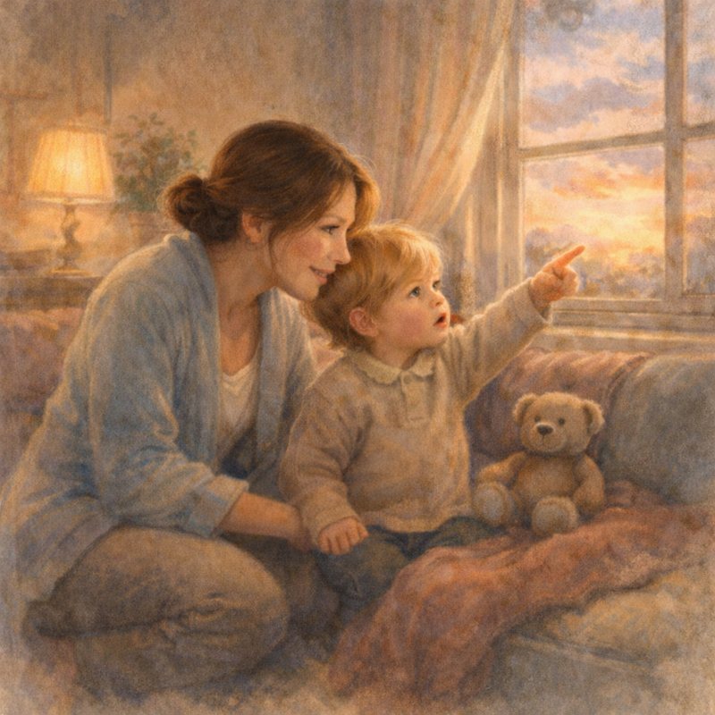 Illustrazione acquerello di una mamma che ascolta il suo bambino piccolo spiegare qualcosa con espressione seria e meravigliata: una scena tenera che racconta il pensiero magico nei bambini.