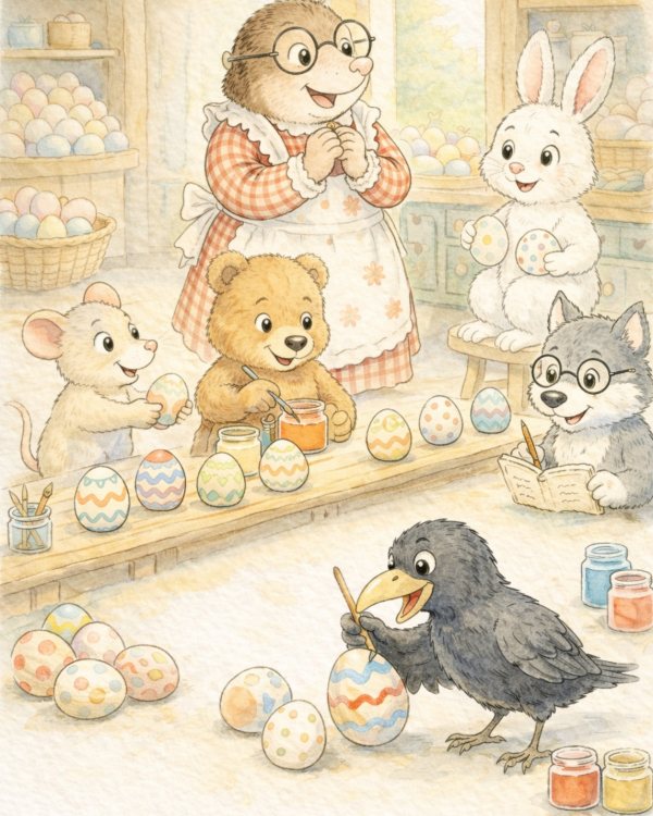 CUCINA DI TALPA TEA ORDINATA CON GLI MICI IMPEGANTI OGNUNO NEL PROPRIO COMPITO A DECORARE BELLISSIME UOVA. IN PRIMO PIANO CORNACCHIA CHIARA CHE DIPINGE UN UOVO BELLISSIMO. TALPA TEA SULLO SFONDO FELICE