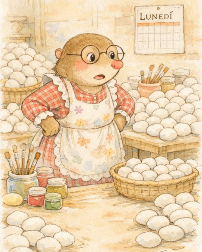 SORPRESE DI PASQUA: TALPA TEA NEL SUO VESTIA QUADRETTI E IL GREMBIULE A FIORI CON LE ZAMPE SUI FIANCHI NELLA SUA CUCINA SOMMERSA DALLE UOVA DA DECORARE.