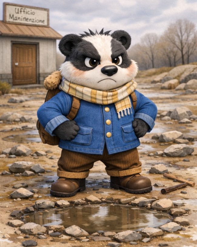 un papà improvvisato: Tasso taddeo in giacca blu e pantaloni di velluto davanti ad una grande ozzanghera fangosa su una strda tutta dissestata dal recente temporale