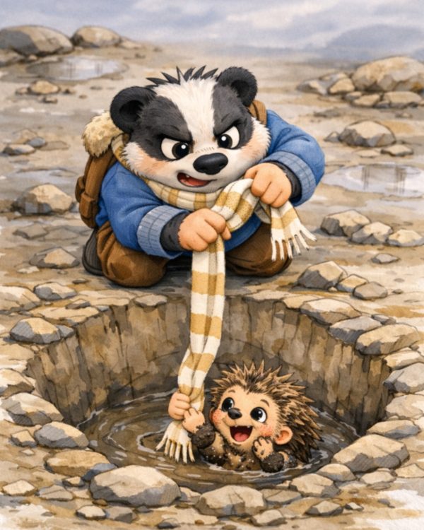 UN PAPà IMPROVVISATO: tASSO TADDEO CON LA GIACCA BLU E I PANTALONI DI VELLUTTO CHE CALA LA SUA SCIARPA BIANCA E BEIGE NELLA BUCA PER AIUTARE UN PICCOLO RICCIO INFANGATO CADUTO IN FONDO ALLA BUCA