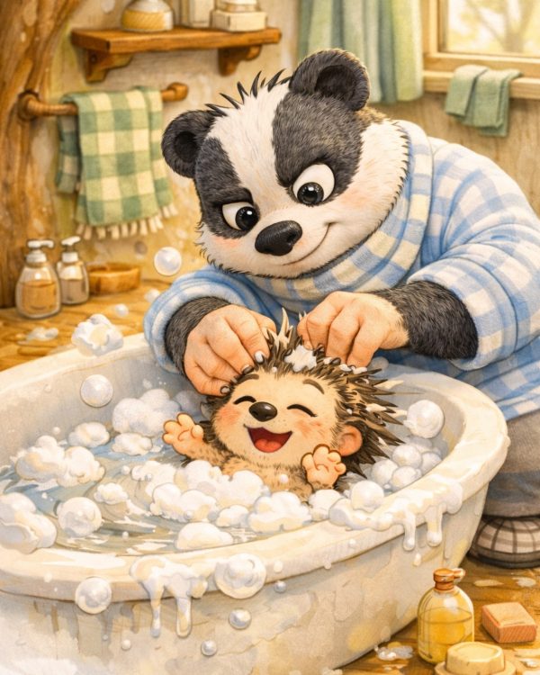 UN PAPà IMPROVVISATO: tADDEO CHE FA IL BAGNO A GIOTTO IN UNA VASCA PIENA DI BOLLE DI SAPONE, GIOTOO RIDE DIVERTITO. L'AMBIENTE è CALDO E ACCOGLIENTE