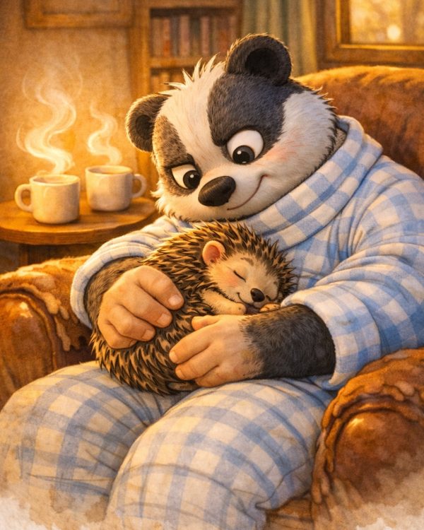 UN PAPà IMPROVVISATO. TASSP TADDEO COMODO NELLA SUA POLTRONA CON IL PIGIAMA A QUADRETTI BIANCO E AZZURRO, CON IN BRACCIO RICCIO GIOTTO ADDORMENTATO. ACCANTO DUE TAZZE DI LATTE FUMANTE. ATMOSFERA MOLTO ACCOGLIENTE E TRANQUILLA