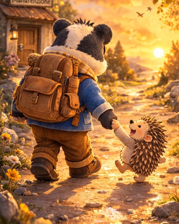 UN PAPAà IMPROVVISATO: tASSO TADDEO CON LA GIACCA BLU, I PANTALONI DI VELLUTO E LO ZAINO IN SPALLA CON RICCIO GIOTTO PER MANO CHE GLI SALTELLA ACCANTO FELICE. INSIEME SI AVVIANO LUNGO LA STRADA IN UNA GIORNATA LUMINOSO DI SOLE. ATMOSFERA CALDA DI CONDIVIZIONE CHE INDICA UN NUOVO INIZIO.