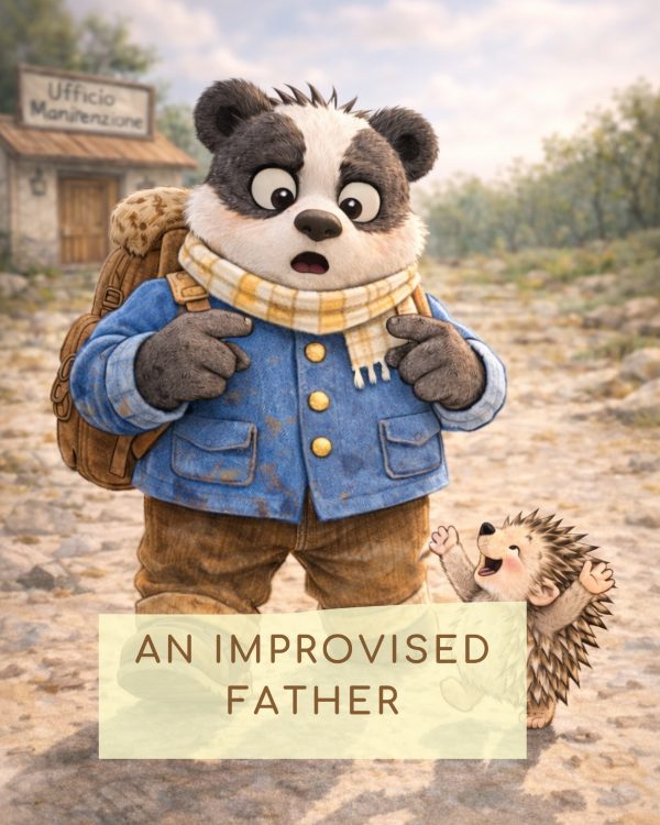 UN PAPà IMPROVVISATO: TASSO TADDEO CON LA GIACCHETTA BLU, I PANTALONI DI VELLUTO E LO ZAINO SULLE SPALLE CON UN'ESPRESSIONE SORPRESA ACCANTO RICCIO GIOTTO CHE LO GUARDA CON ESPRESSIONE FELICE E ADORANTE. DIETRO LA STRADA TUTTA BUCHE E SULLO SFONDO L'UFFICIO MANUTENZIONE DEL BOSCO