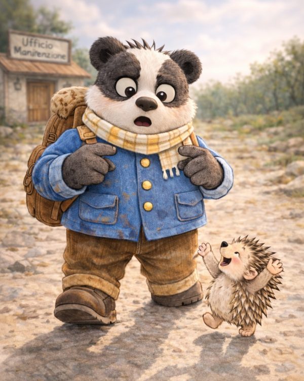 UN PAPà IMPROVVISATO: TASSO TADDEO CON LA GIACCHETTA BLU, I PANTALONI DI VELLUTO E LO ZAINO SULLE SPALLE CON UN'ESPRESSIONE SORPRESA ACCANTO RICCIO GIOTTO CHE LO GUARDA CON ESPRESSIONE FELICE E ADORANTE. DIETRO LA STRADA TUTTA BUCHE E SULLO SFONDO L'UFFICIO MANUTENZIONE DEL BOSCO