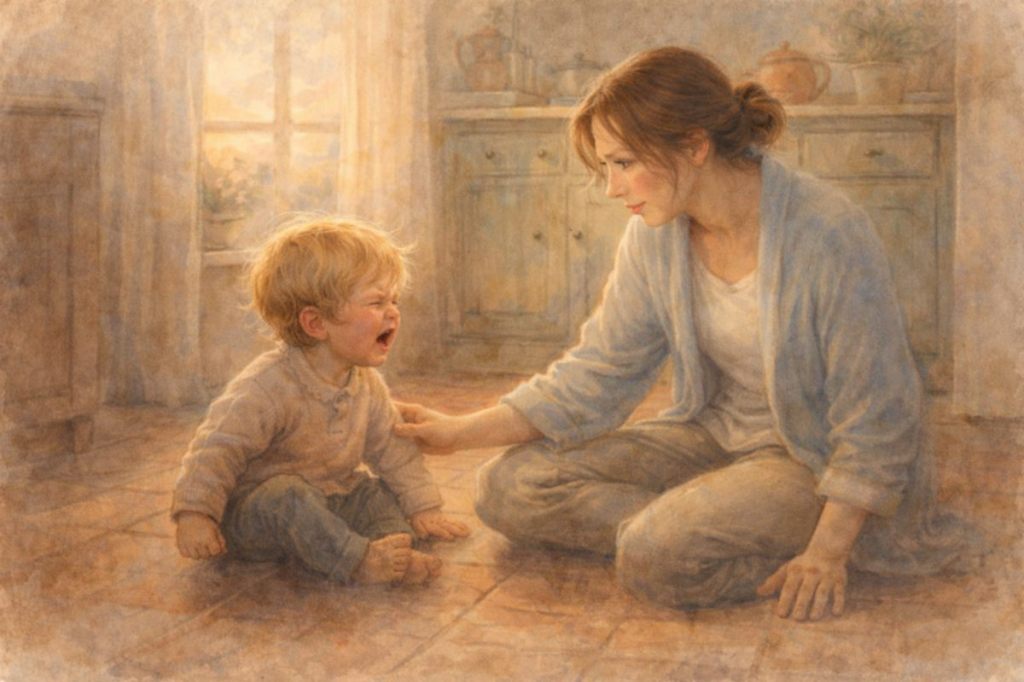 Illustrazione acquerello di una mamma seduta sul pavimento accanto al suo bambino in crisi di rabbia: una scena calda che racconta la disregolazione emotiva nei bambini e come accompagnarla con presenza.